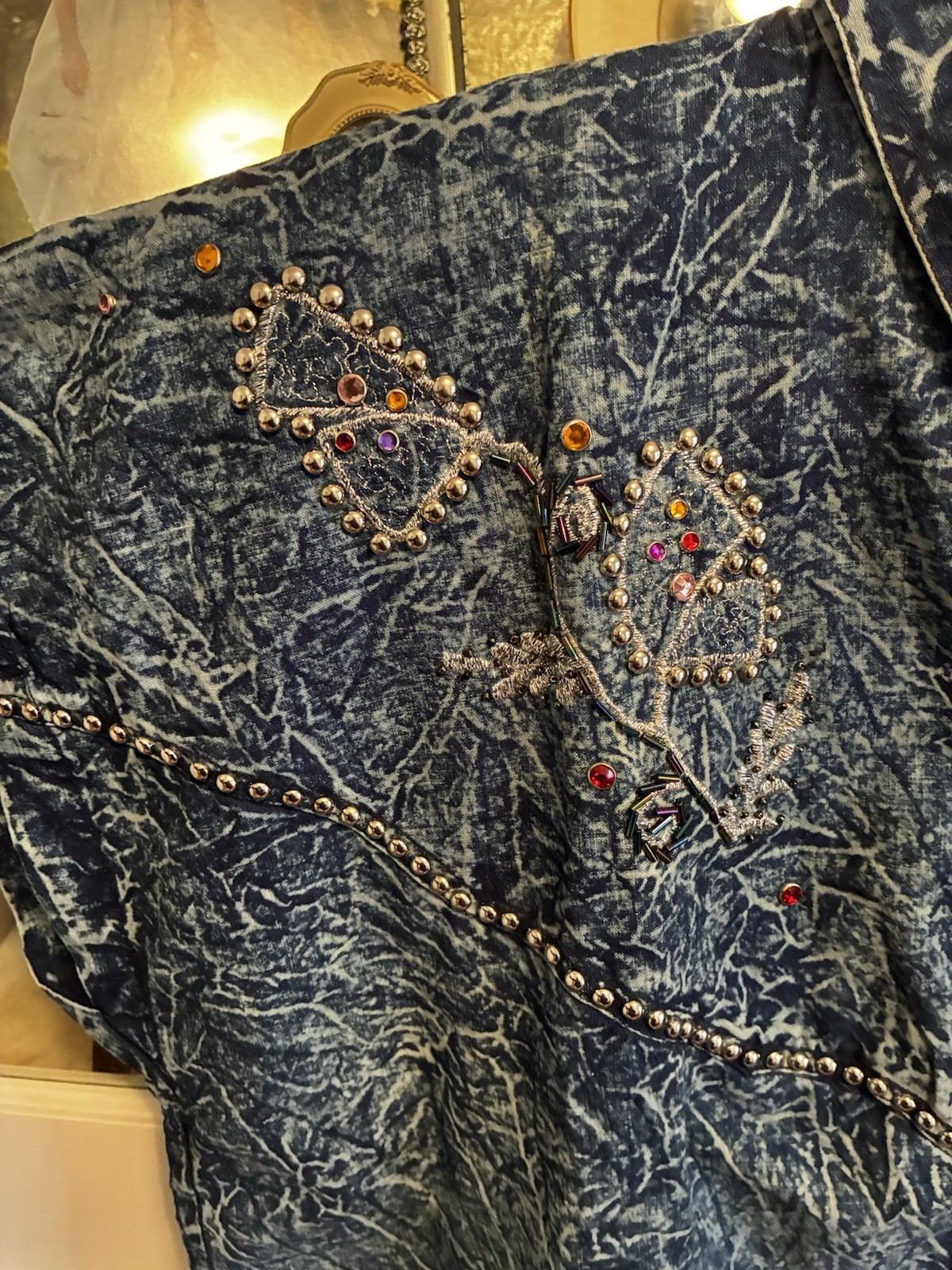 80s 90s Blu Sapphire Acid Wash Bedazzled Short Sleeve Jean Shirt Shoulder Pads M