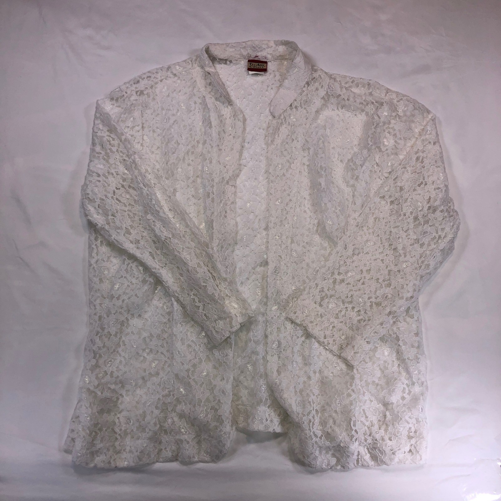 Vintage Tudor Court White Lace Open Front Cardigan Jacket Floral Wedding Large