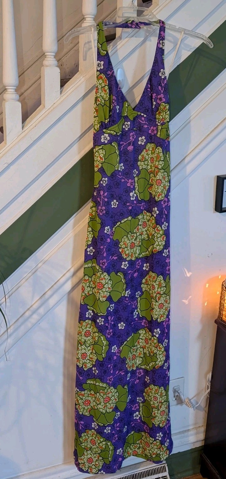 Vintage 70s HOUSE OF NINE Floral Halter Maxi Dress S Nylon Az 7 Green Purple