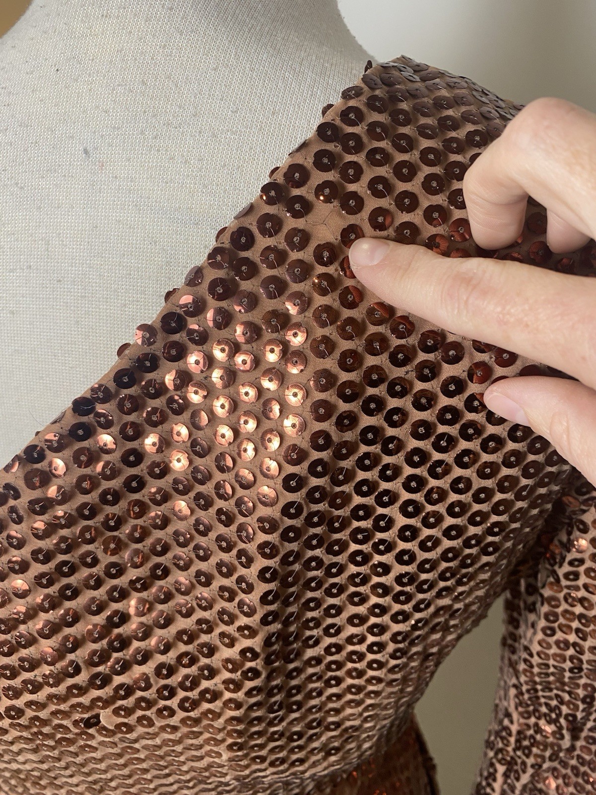Vintage 1960’s Mike Benet Formals Copper Sequined One Shoulder Gown XS