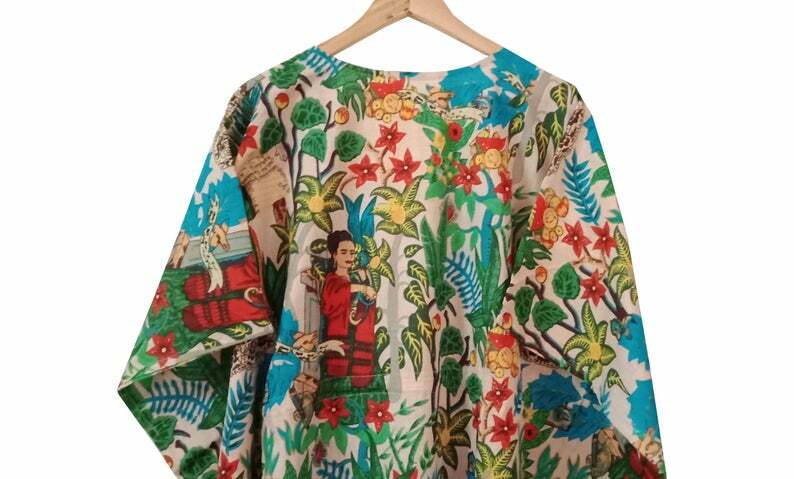 Frida Kahlo Long Cotton Kaftan, Organic kaftan, Beach wear Dress, Sleepwear
