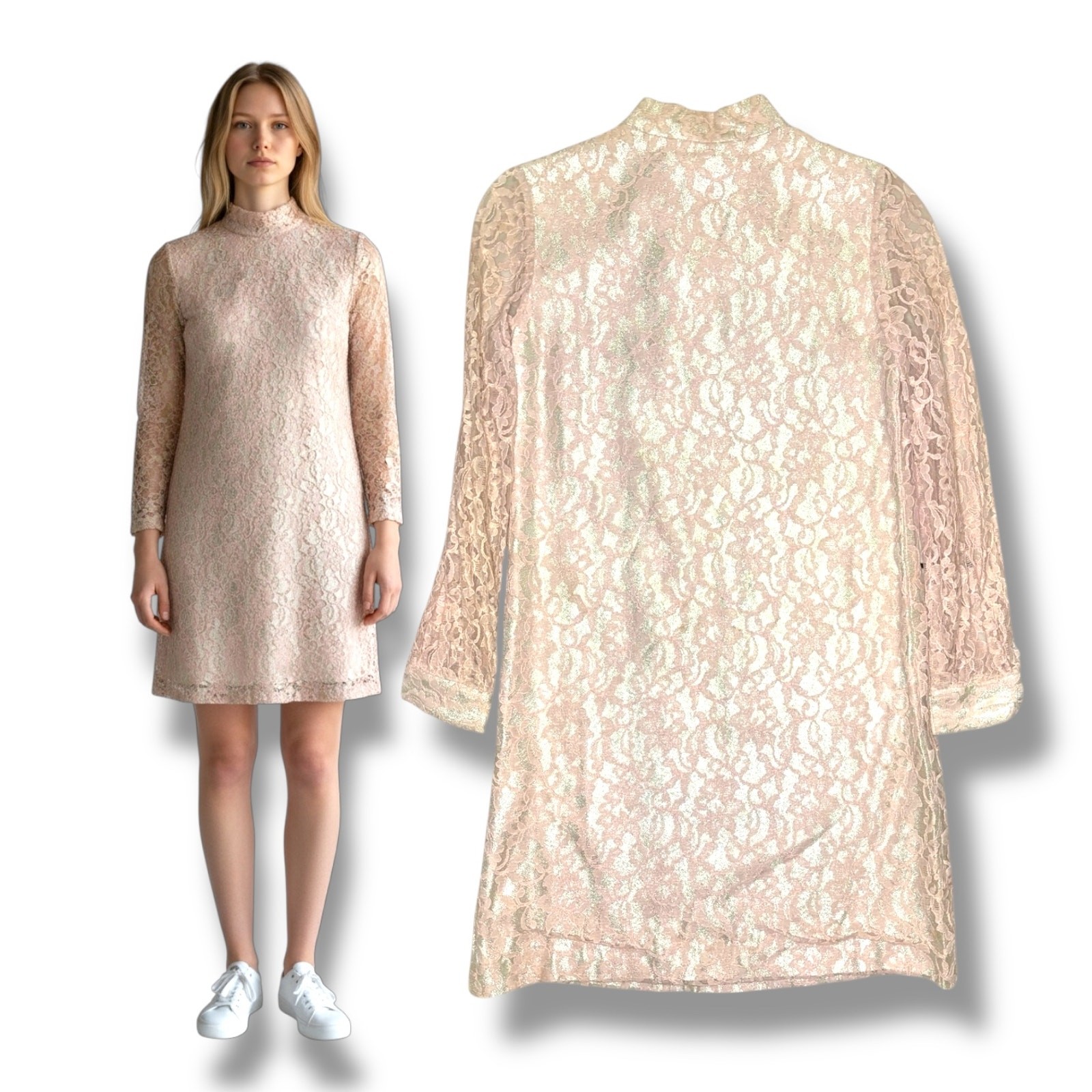 Vtg 60s Pink Metallic Lace Mini Dress S/M High Neck Mod Party Go-Go Sheer Sleeve
