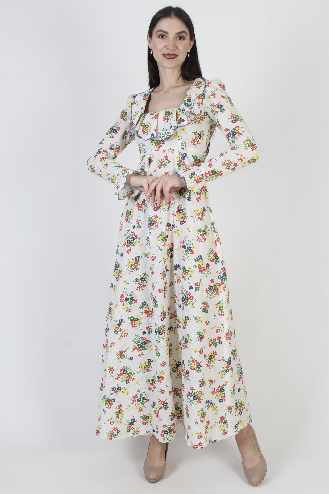 Vtg White Floral Prairie Dress 70s High waist Cottagecore Boho Peasant Gown