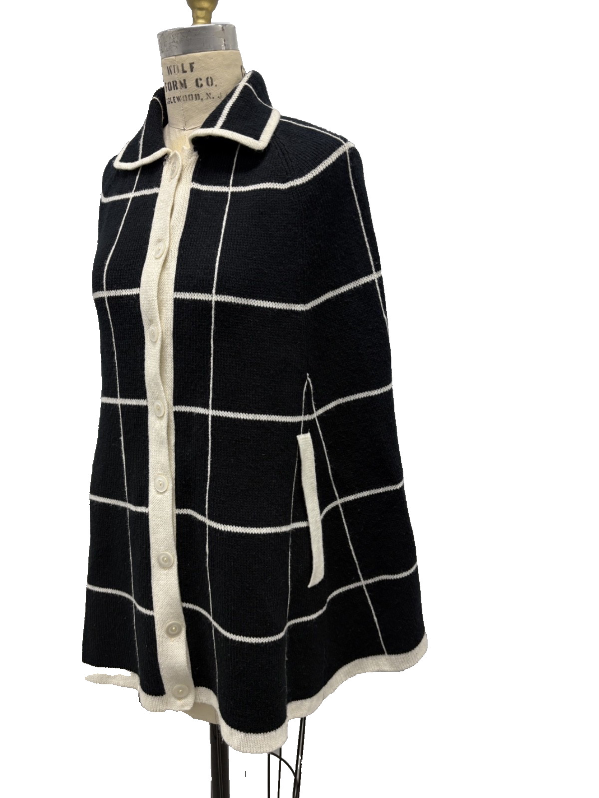 Vintage 70s Black White Windowpane Knit Cape Coat Glentex Acrylic Mod Small