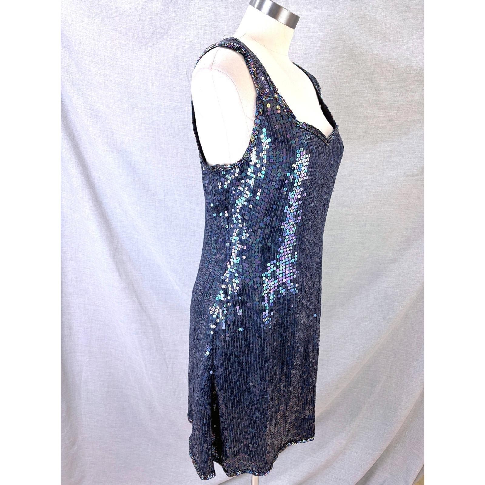 Vintage Expressions Silk Sequin Mini Dress Iridescent Blue Party Dress 12