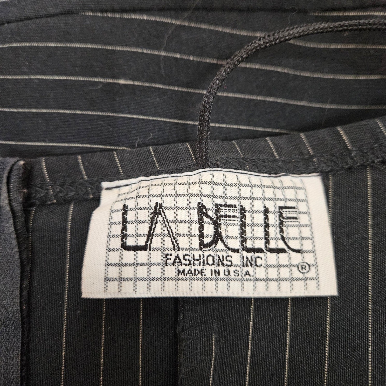 Vintage La Belle Pinstripe Strapless Midi Dress Floral Embroidery Black Red USA