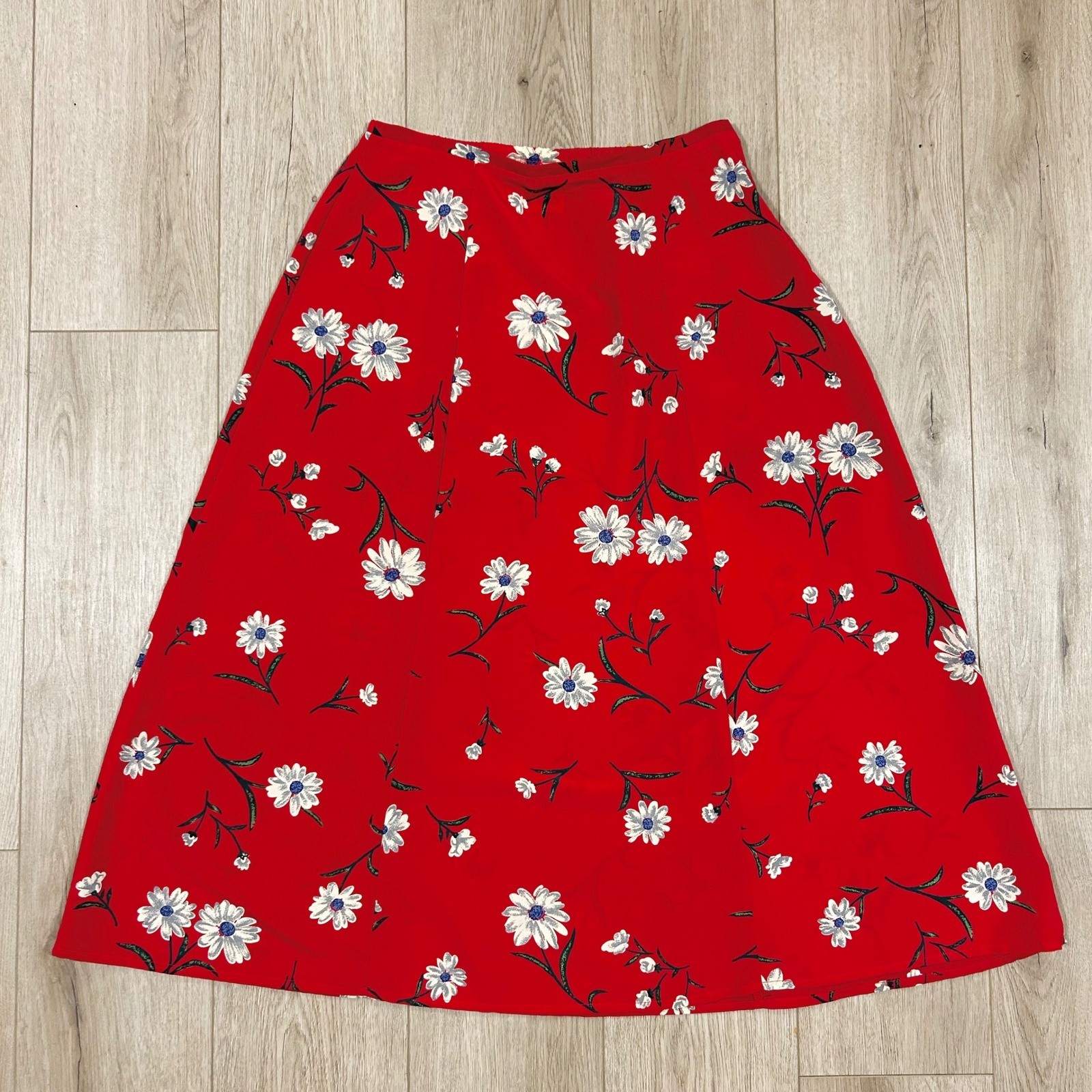 Kathy Ireland Vintage Red Floral Daisy Midi Skirt Womens Large 90s A-Line 30″