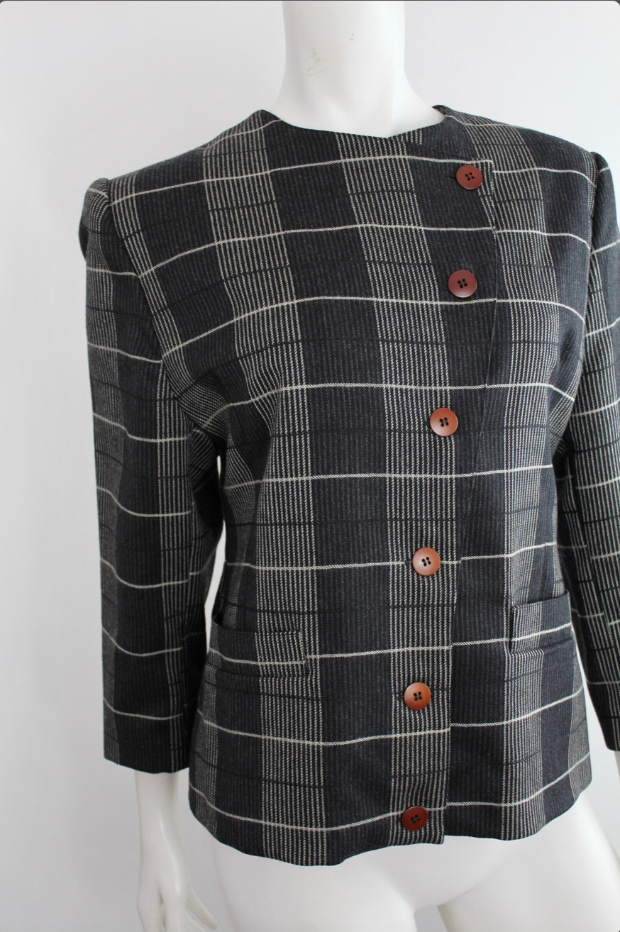Vtg 80s Marimekko Grid Gray Wool Blazer Jacket Coat Checked Striped Retro 34 Eu