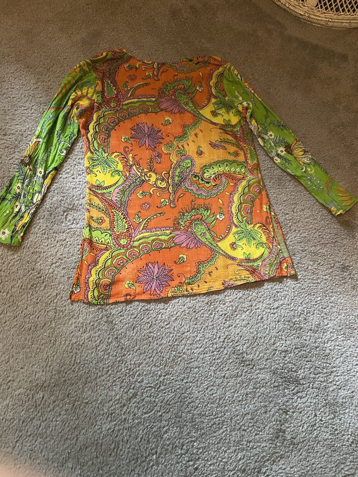 Vintage 90s Indian Cotton Paisley Tunic Top Boho Kurta Style Green Womens S/Med