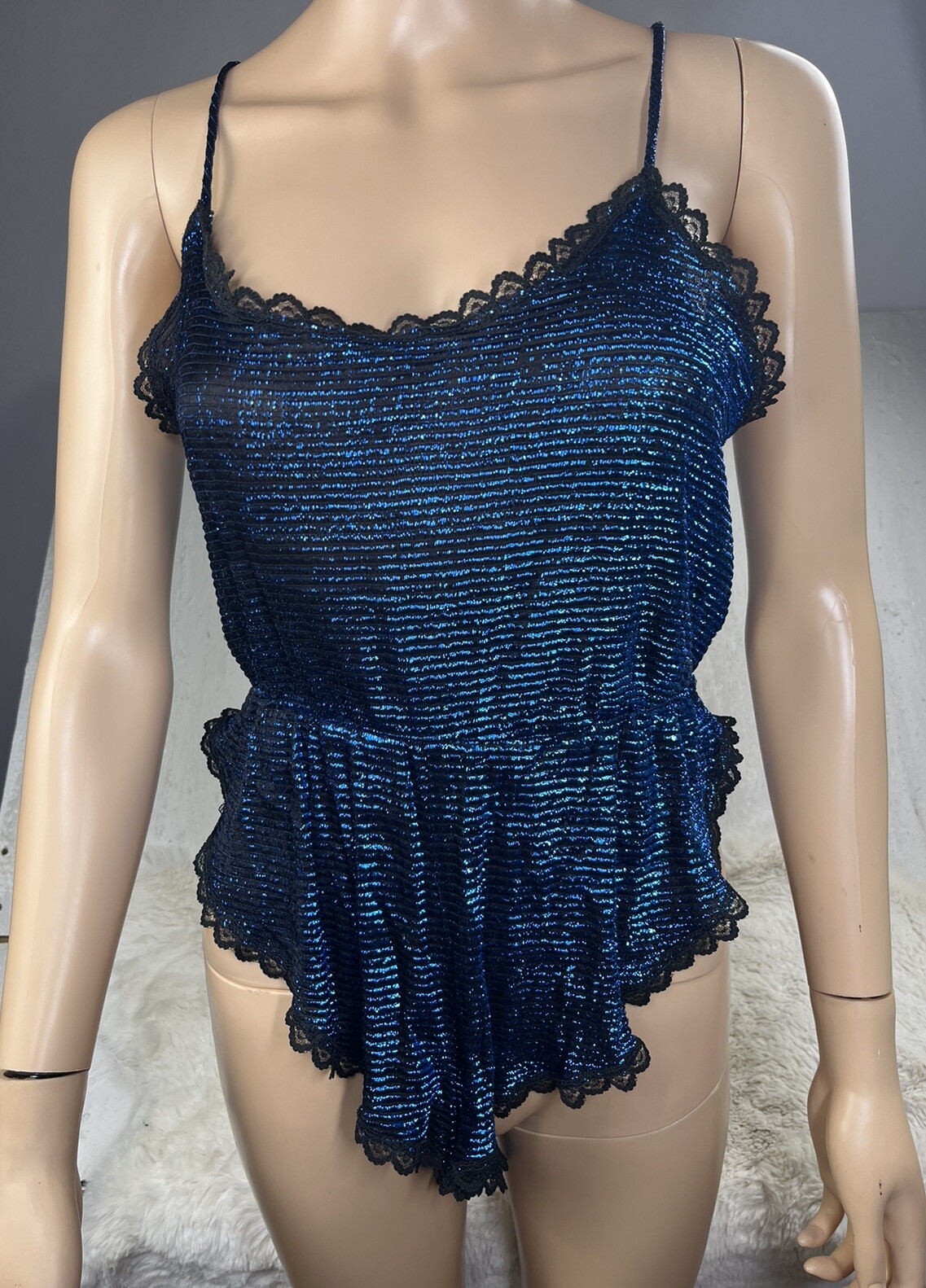 Lady Cameo Dallas Shimmer Romper Lingerie Black Lace USA Made Sz. M VTG
