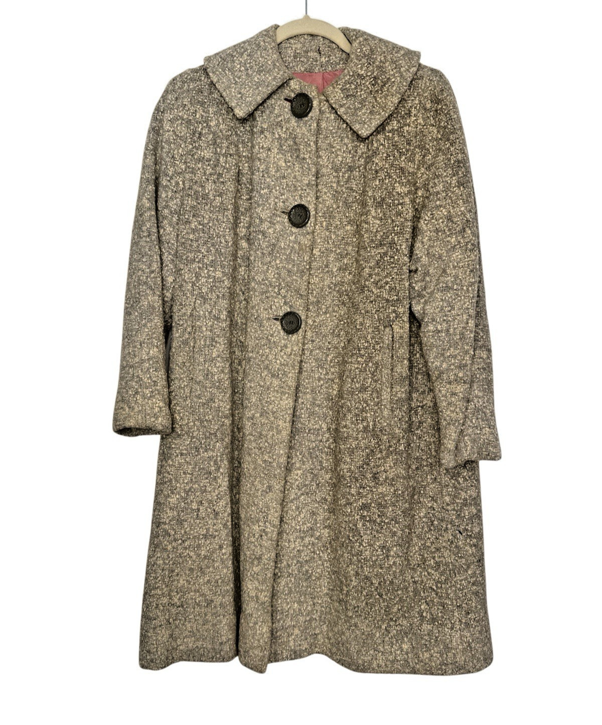 Vintage Women’s Large beige Fleck Tweed Wool Blend Car Coat Swing Pockets USA
