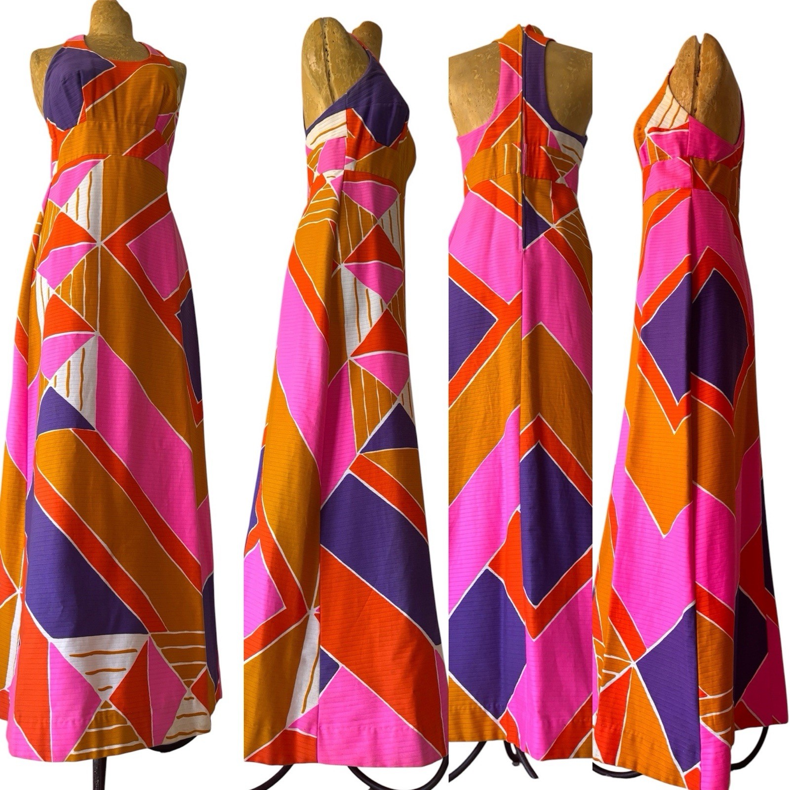 70s Vintage Malia Honolulu Pink Orange Purple Cotton Maxi Sundress Dress