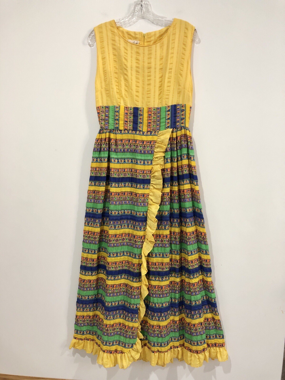 Vintage Lounge Craft Yellow Multi Sleeveless Ruffles 60s 70s Retro Maxi Dress