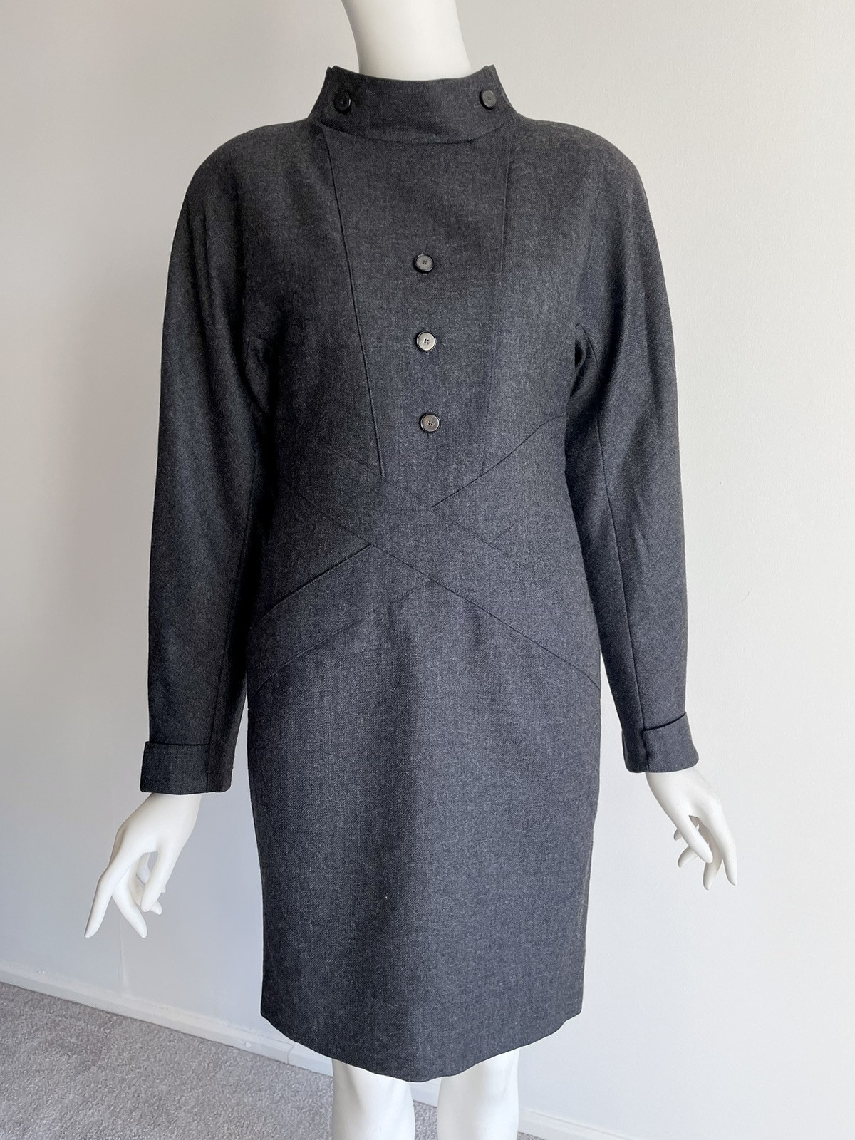 Vintage 1980s Chloe Gray Wool Dress Cross Front Buttons Shoulder Pads Size XS