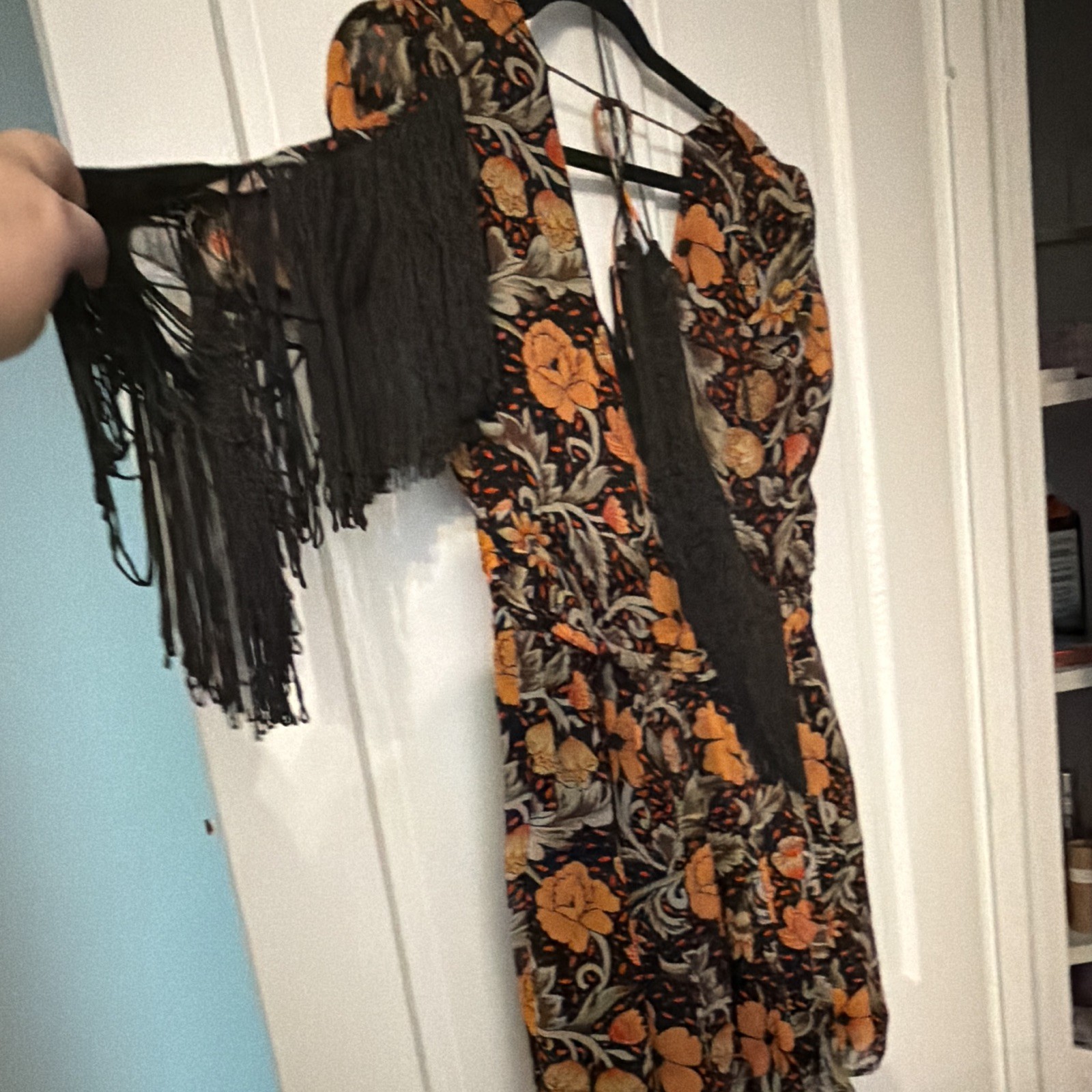 We The Free Floral Fringe V-Neck Short Sleeve Tie Dress