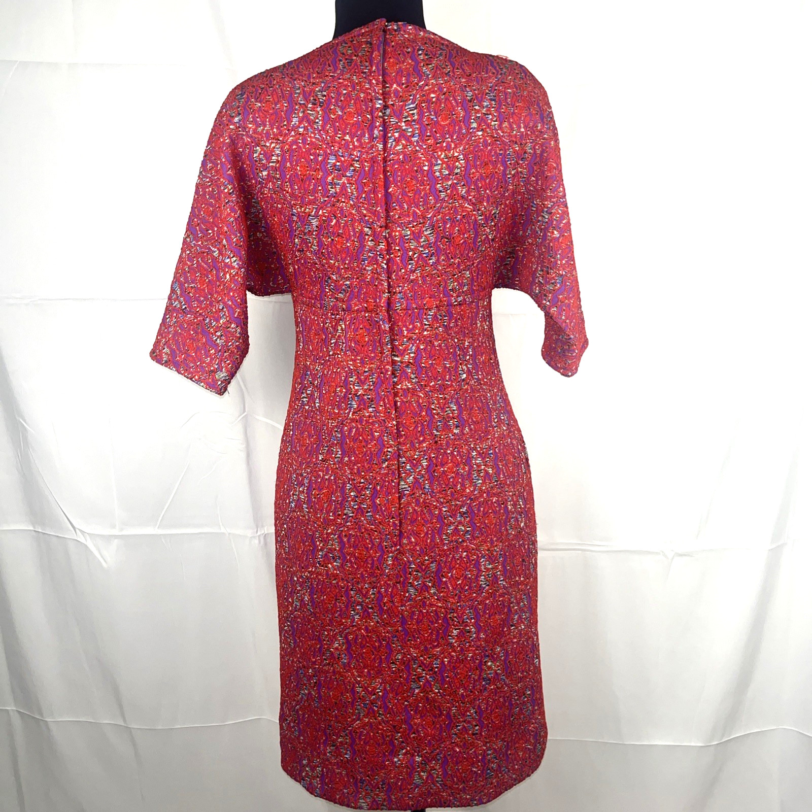 VTG 1960s Mod Dress Handmade Red Purple Abstract Retro Short Sleeve Midi Length