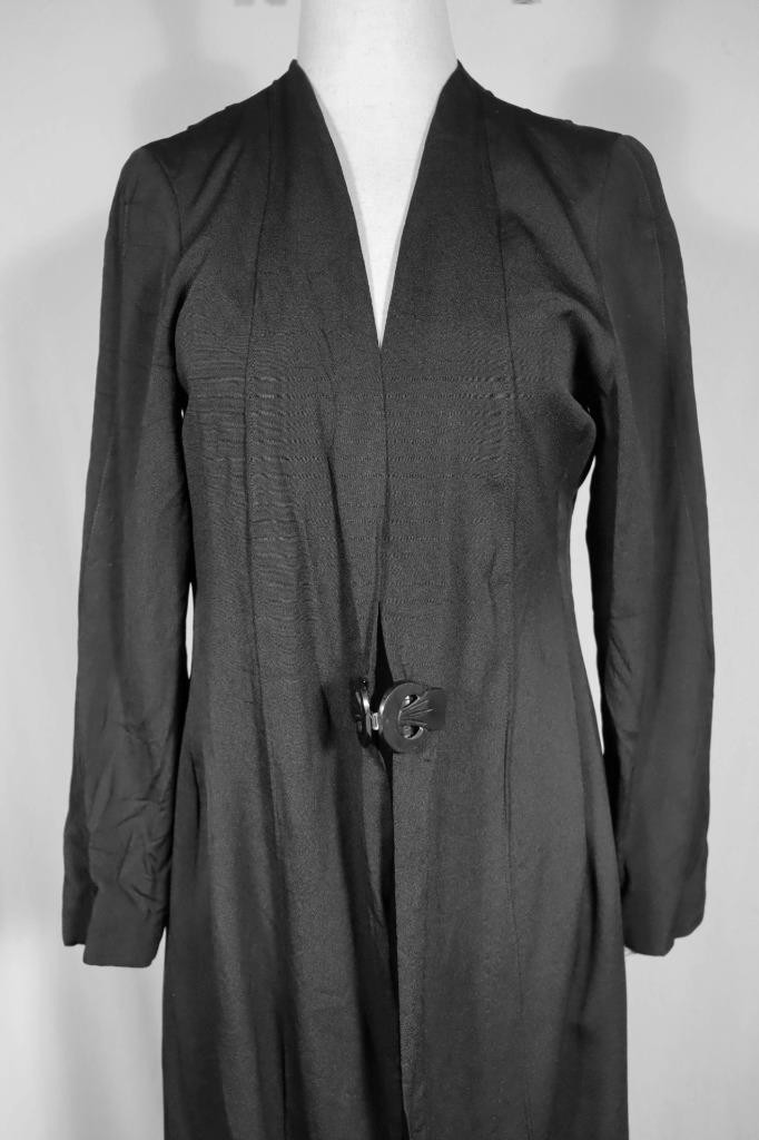 Rare Vintage French 1930’s Long Black Rayon Crepe Evening Coat Size Medium