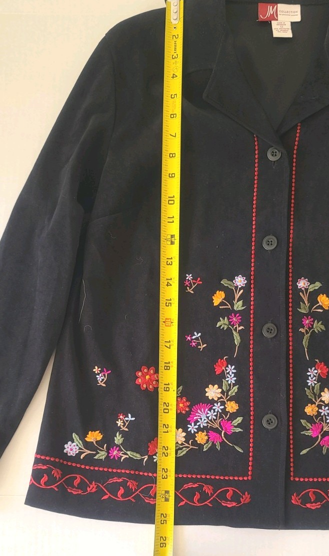 Vintage black Faux Suede Top Jacket Embroidered Red Pink Yellow Flowers. size 12