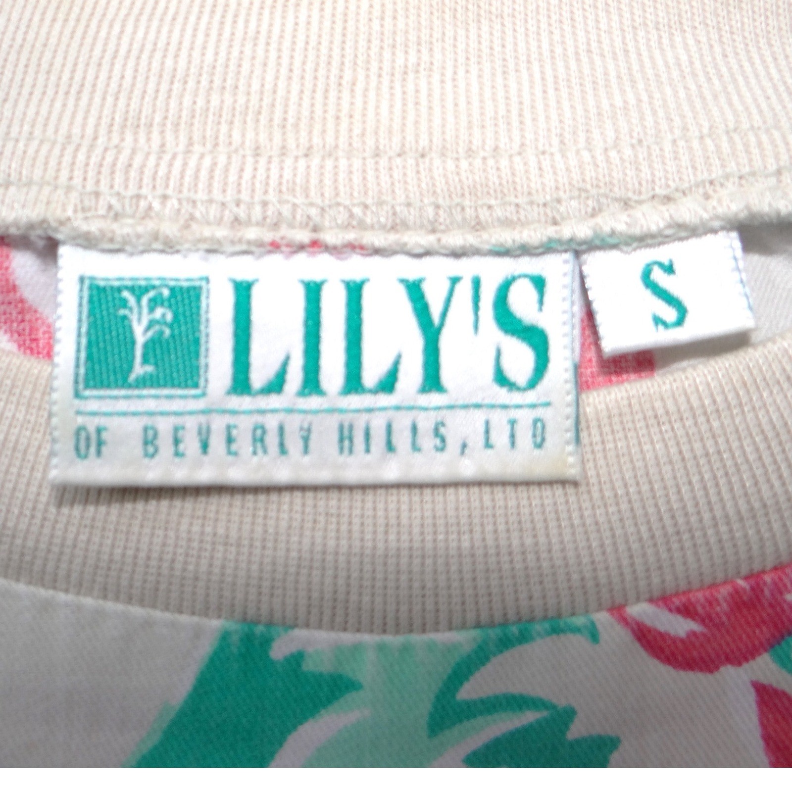 Vintage Lilys of Beverly Hills Floral Short Sleeve Top Cream Pink Blue Small