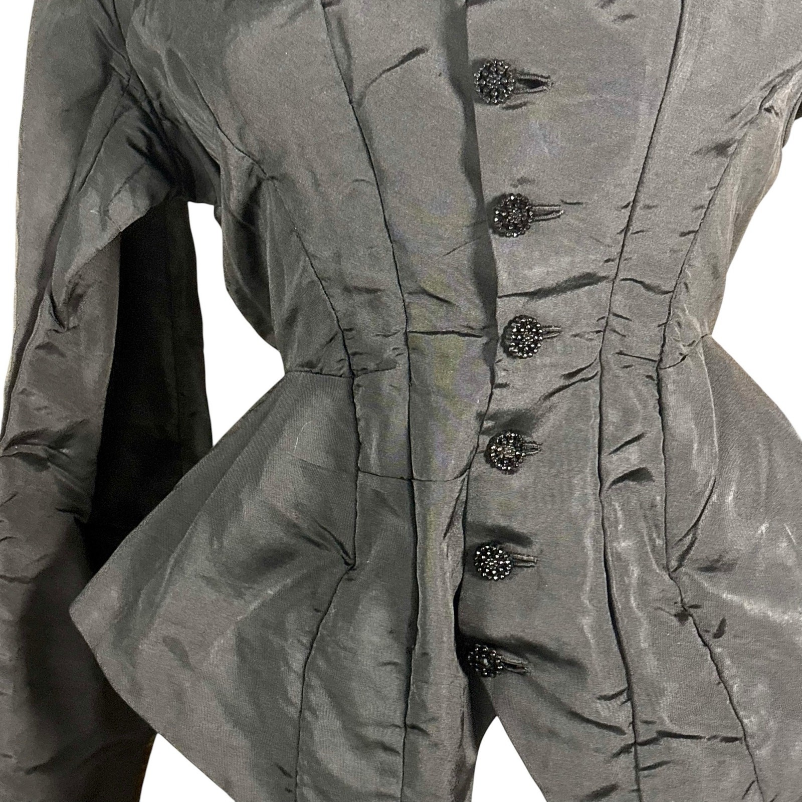 Antique 1890s Victorian Black Silk Mourning Coat Jet Beaded Tailcoat Jacket