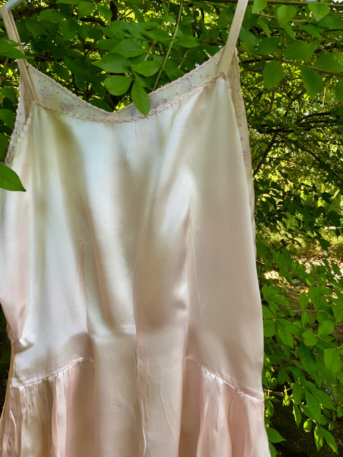 Rare 1930s Blush Pink Satin Boudoir Gown with Embroidery & Ribbon Sash-30DA