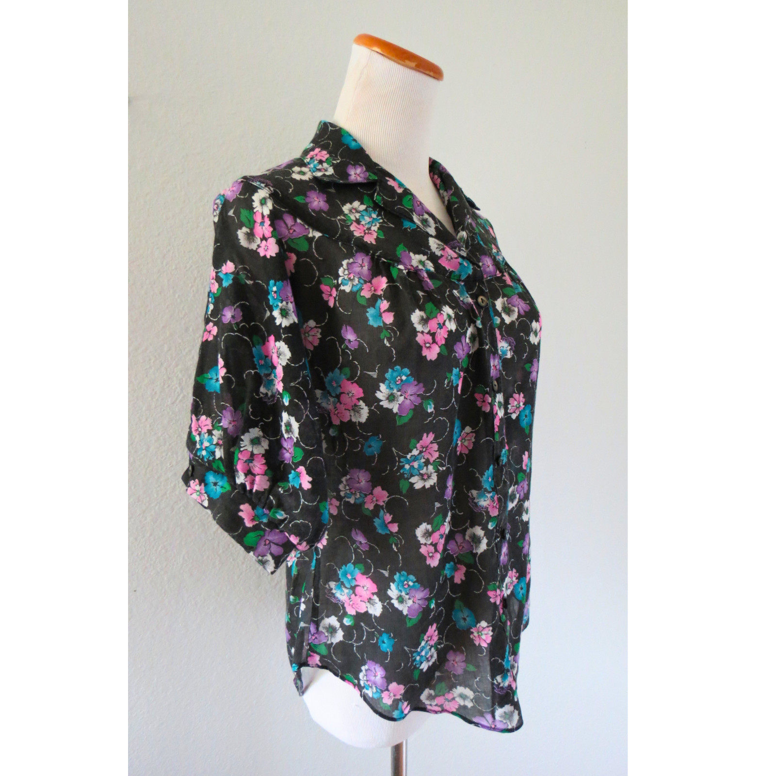 Vintage 1970s Sheer Floral Blouse – Black Button Down Shirt – 70s Boho Top