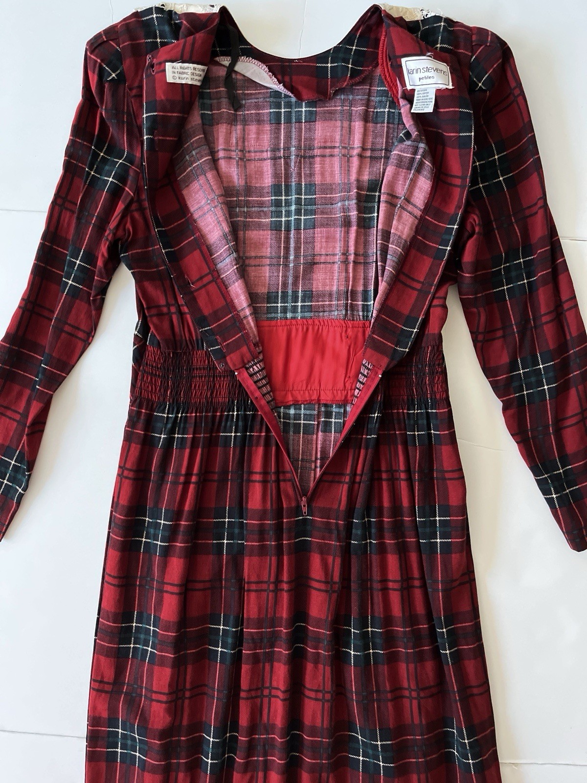 Karin Stevens VTG Dress S/M Petite Red Plaid Pleated Smocked Cottagecore