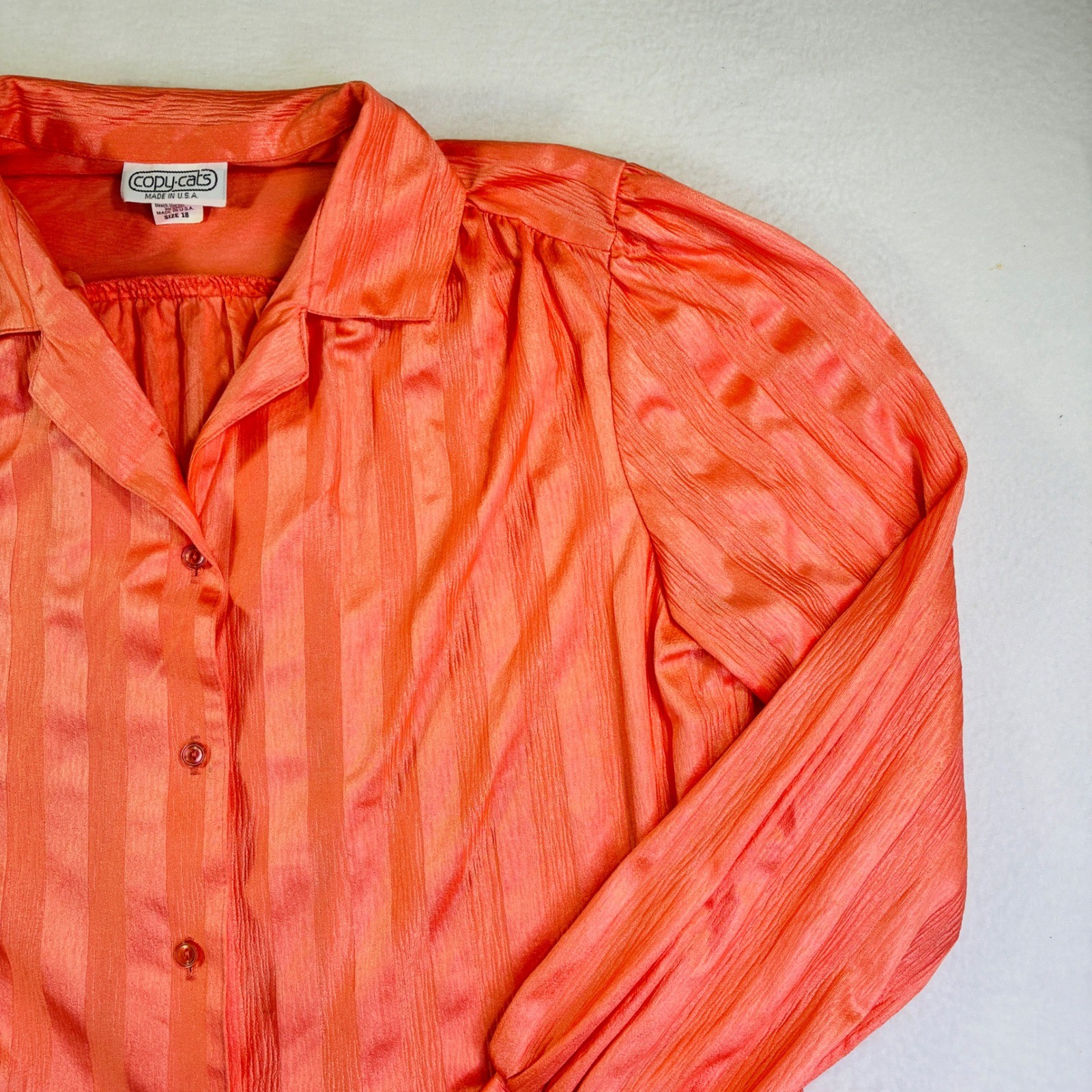 Vintage Copy Cats Coral Orange Striped Button Up Blouse Long Sleeve Size 18 USA