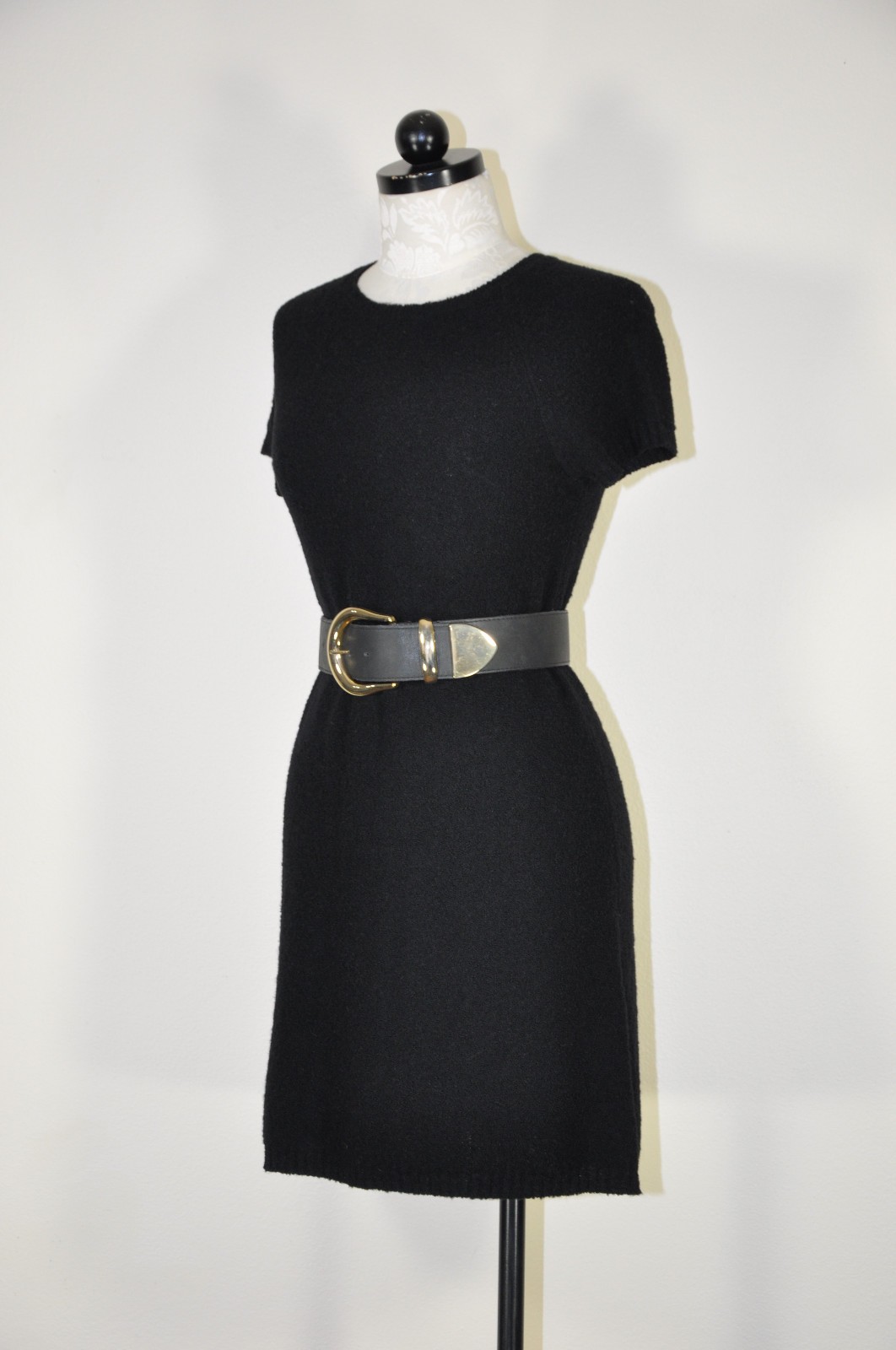 90s Vintage DKNY Black Wool Mohair Short Sleeve Knit Sweater Mini Dress Women S