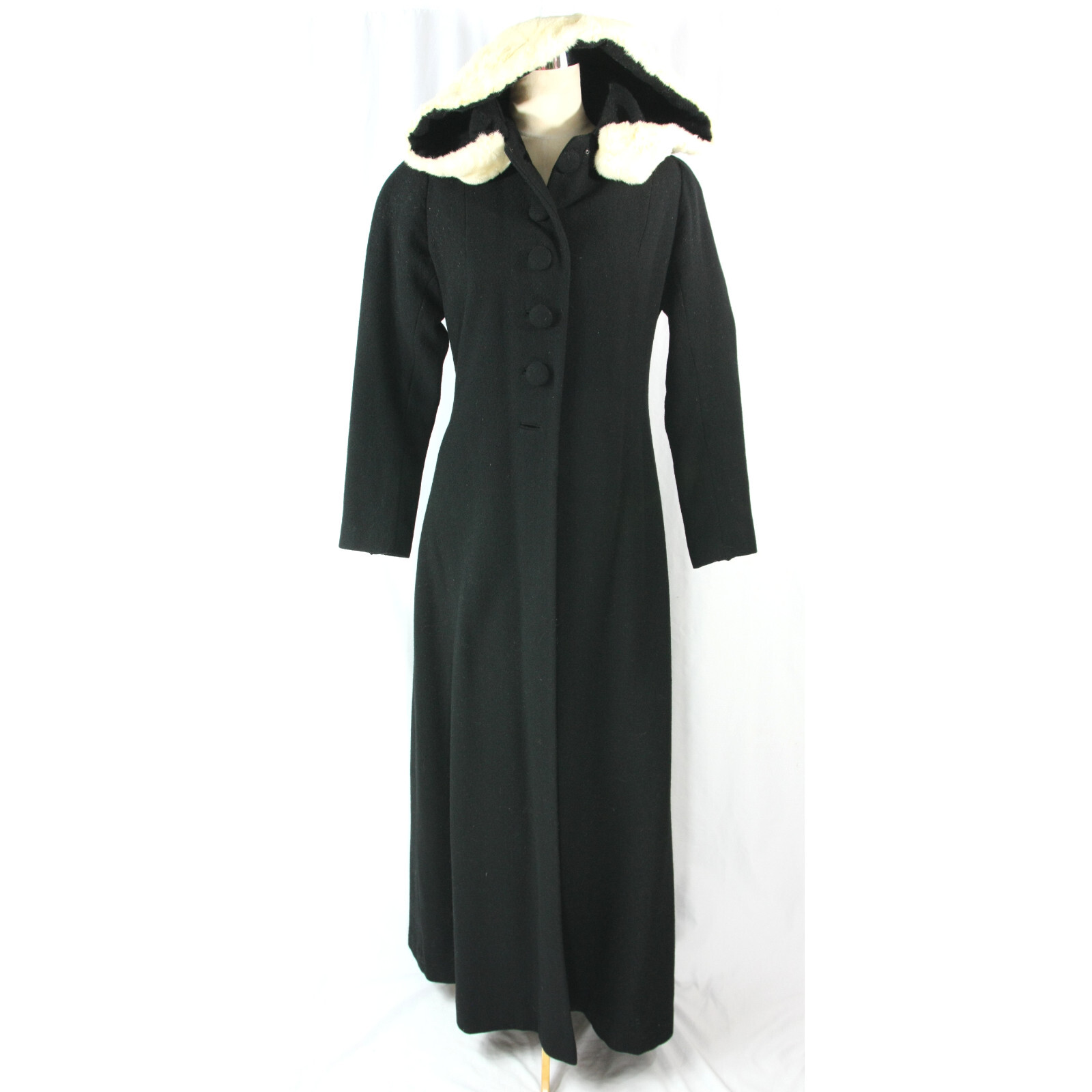 Vintage Real Fur Trimmed Wool Hooded Overcoat Maxi Coat XS 1940s Goth Whimsigoth
