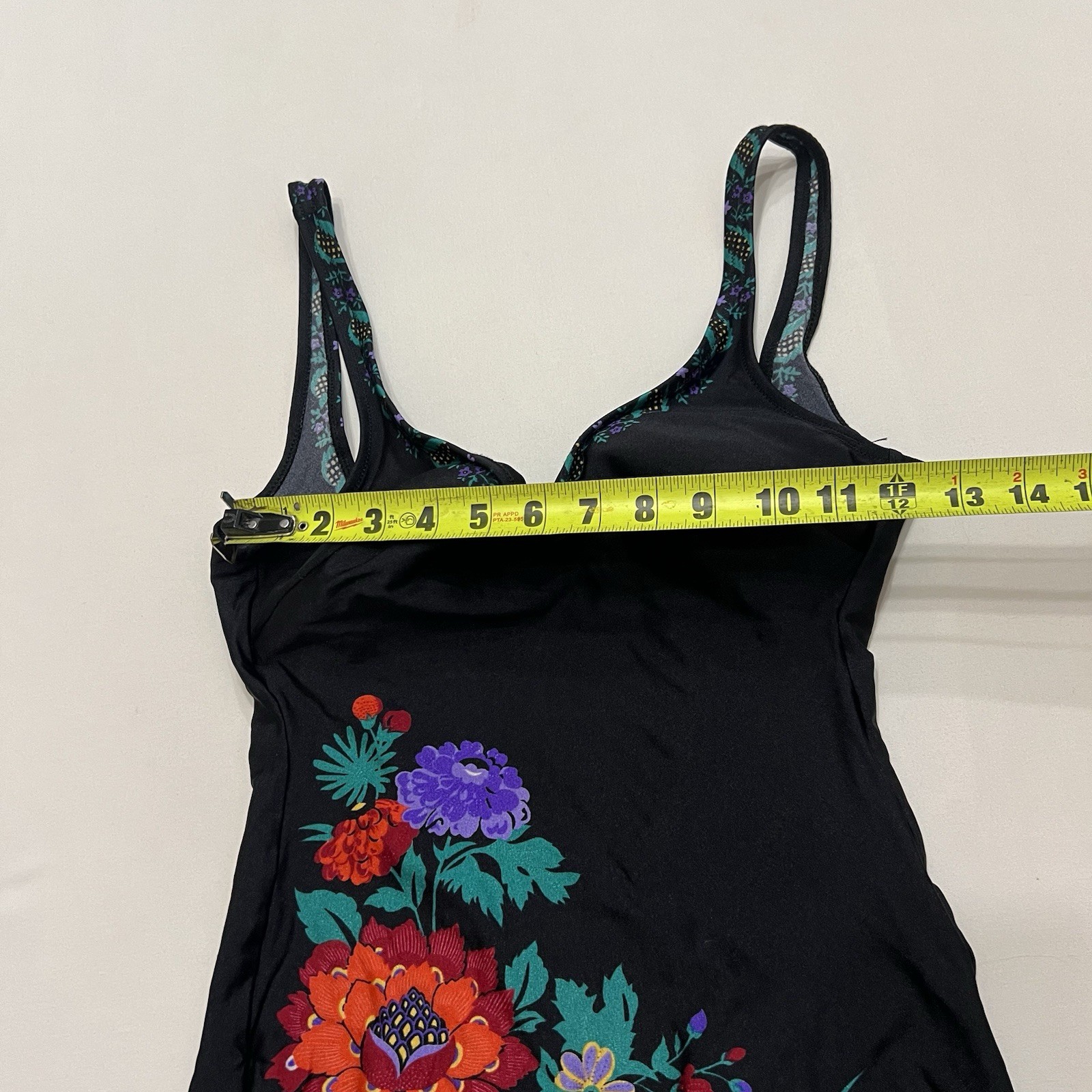 Vintage 1960s Gottex One Piece Swimsuit Sz 12 Black Retro Floral Low Back Pin Up