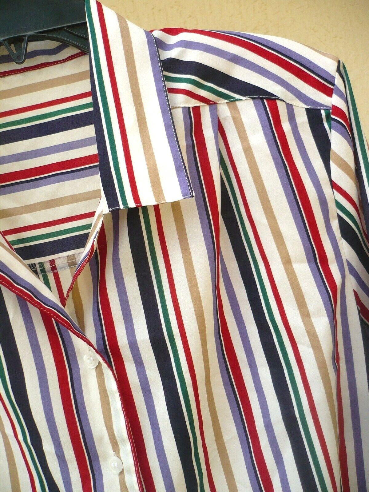 VTG 80S L BUTTON UP COLORFUL RED PURPLE GREEN TAN STRIPED SECRETARY BLOUSE WOMEN
