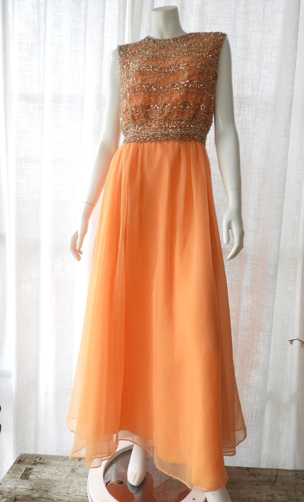 Vtg 1960’s Peach Silk Formal Gown Beaded Bodice Carrie Couture sz 38″ Bust