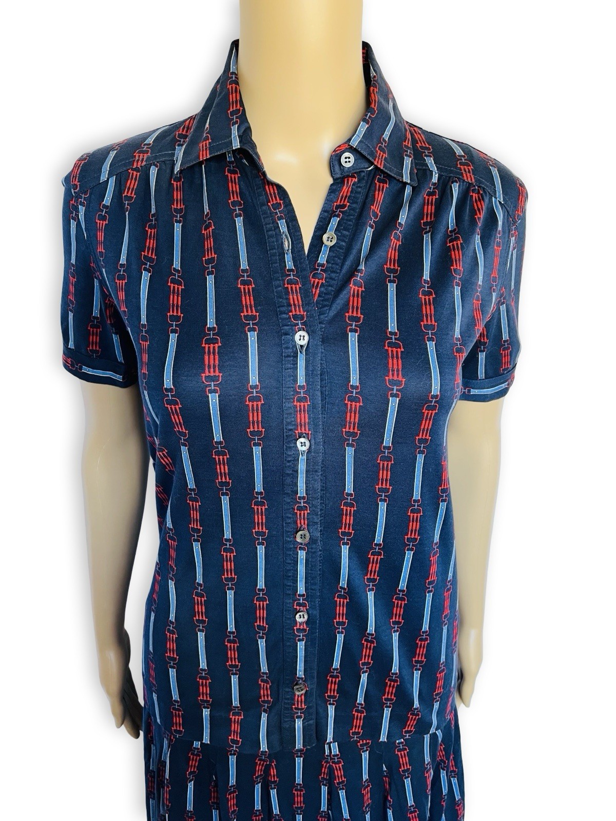 Vintage CÉLINE 1970s Equestrian Print Cotton Dress Two Piece Blouse Skirt Set XS