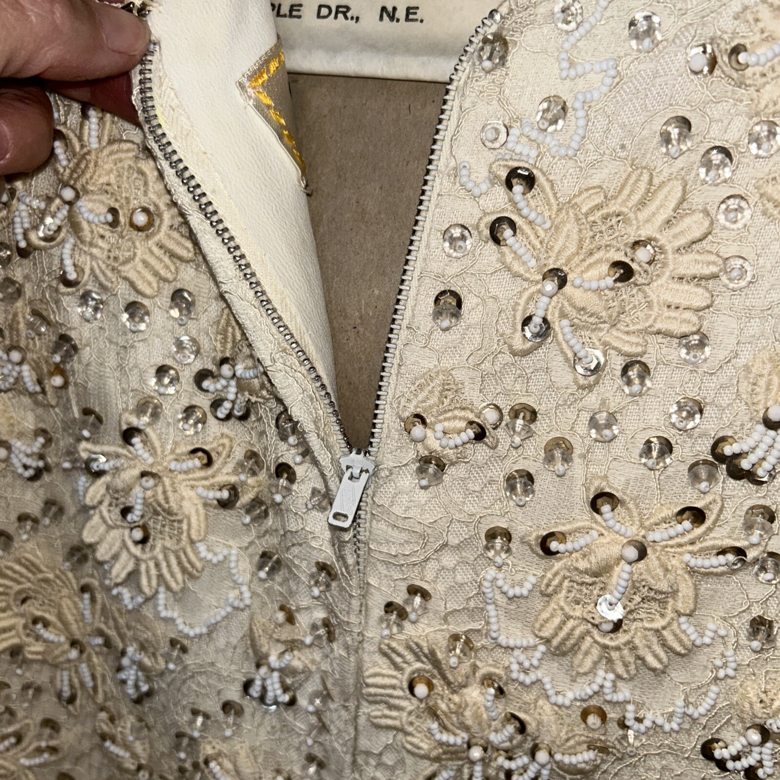 Pat Sandler Chiffon Ivory Cocktail Dress Sequin Lace Top Flowy Bottom S/M