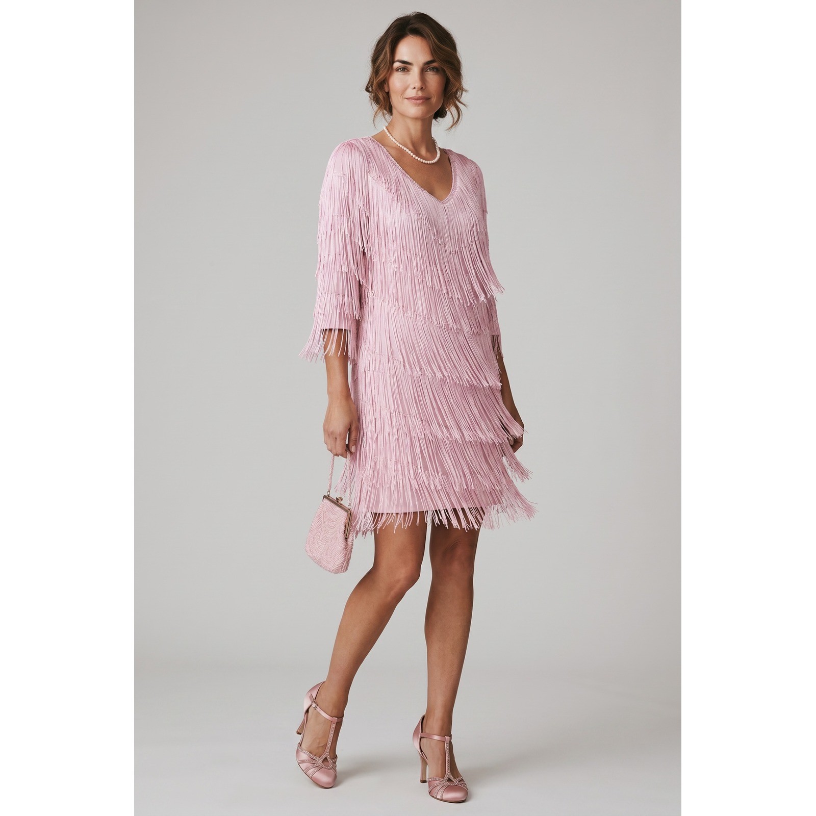 Nightworks Vintage Pink Fringe Mini Dress Tunic V-Neck Flapper Style Size 18