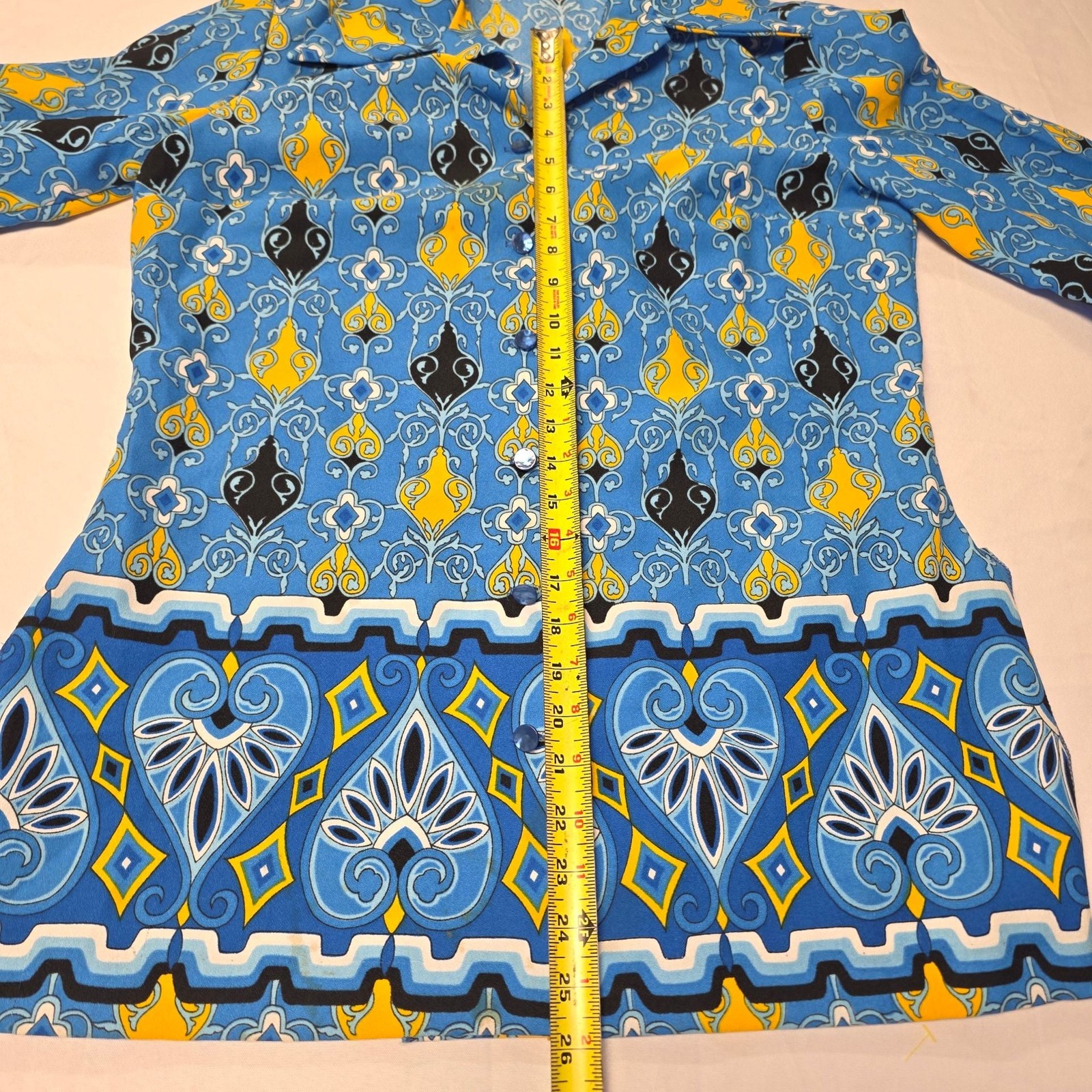 Vintage 60’s Pykettes Blue and Yellow Geometric Print women’s blouse shirt