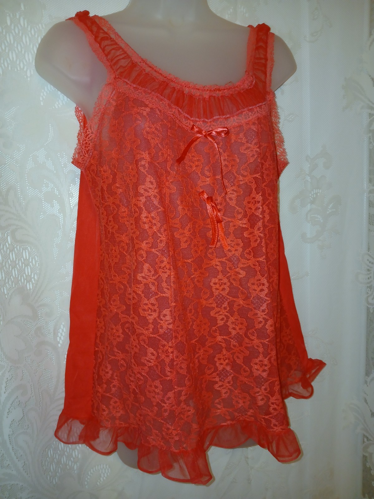 Vintage 50s Pink Nylon Chiffon Lace Ruffled Babydoll Nighty Lingerie S