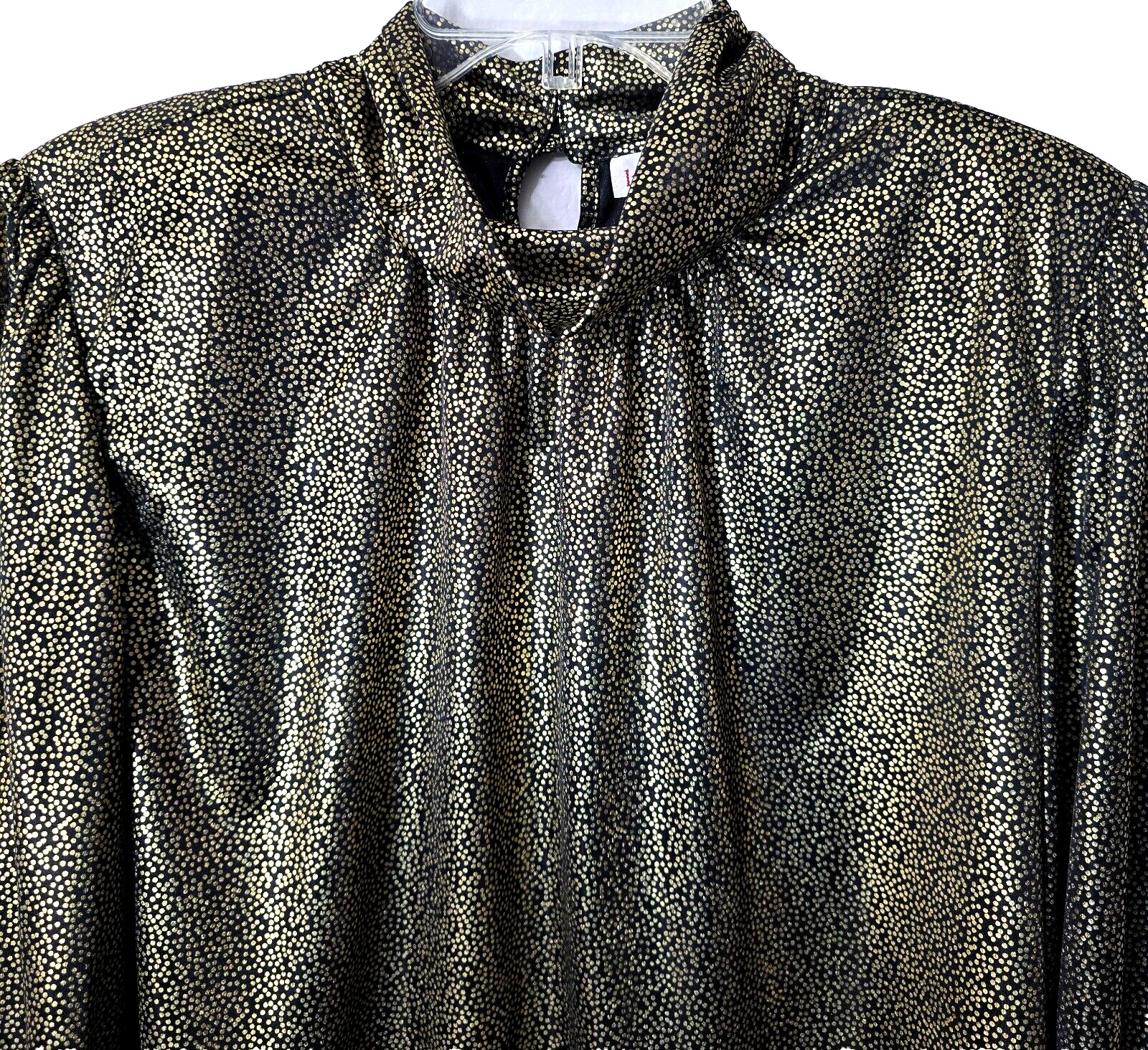 Vintage 80s Disco Gold Top L XL Shirt Cowl Neck Sheer Keyhole Black Dot Foil