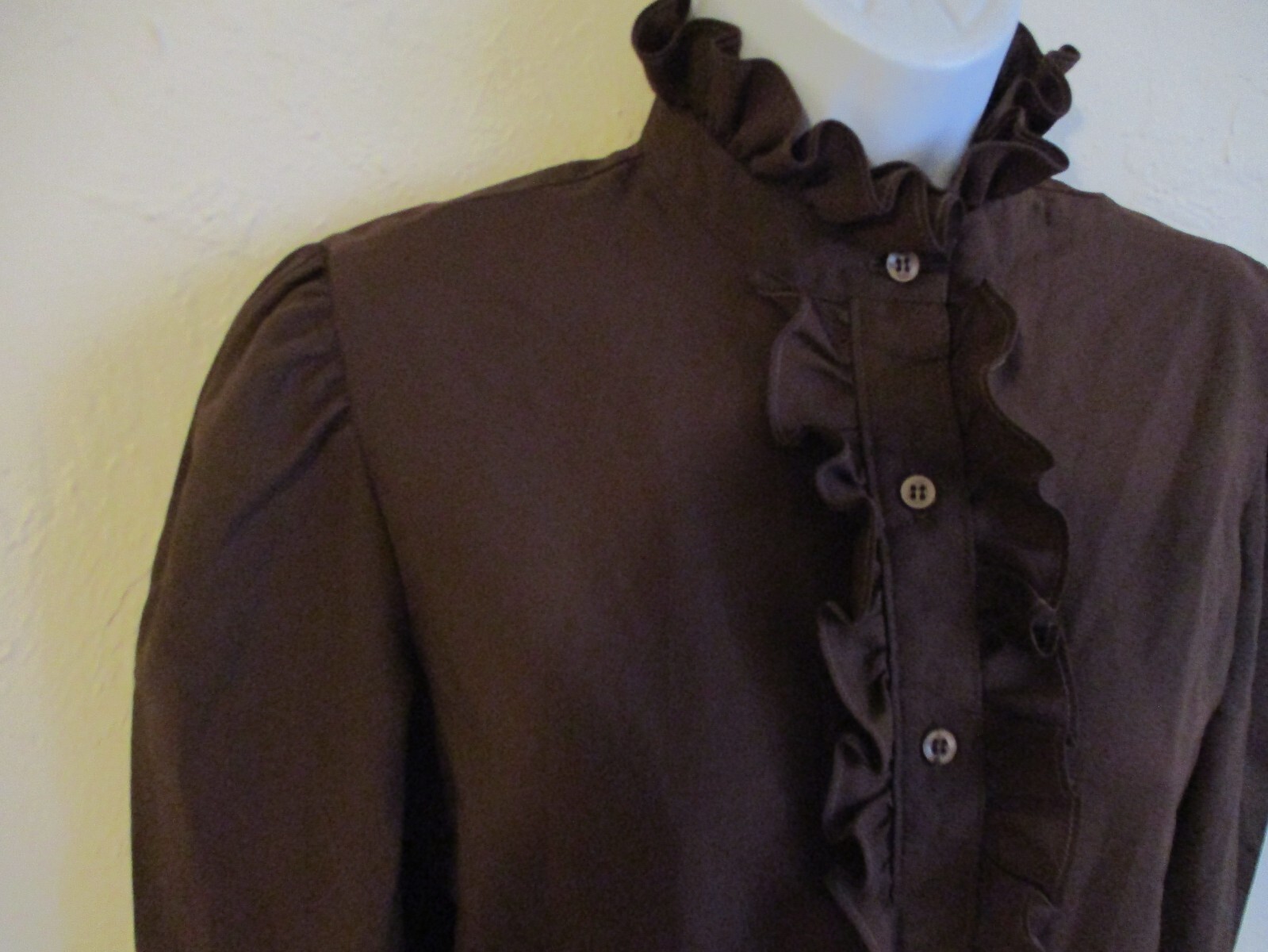VTG Lucky Winner Blouse Size 11 / 12 Brown Ruffled High Victorian Style Neckline