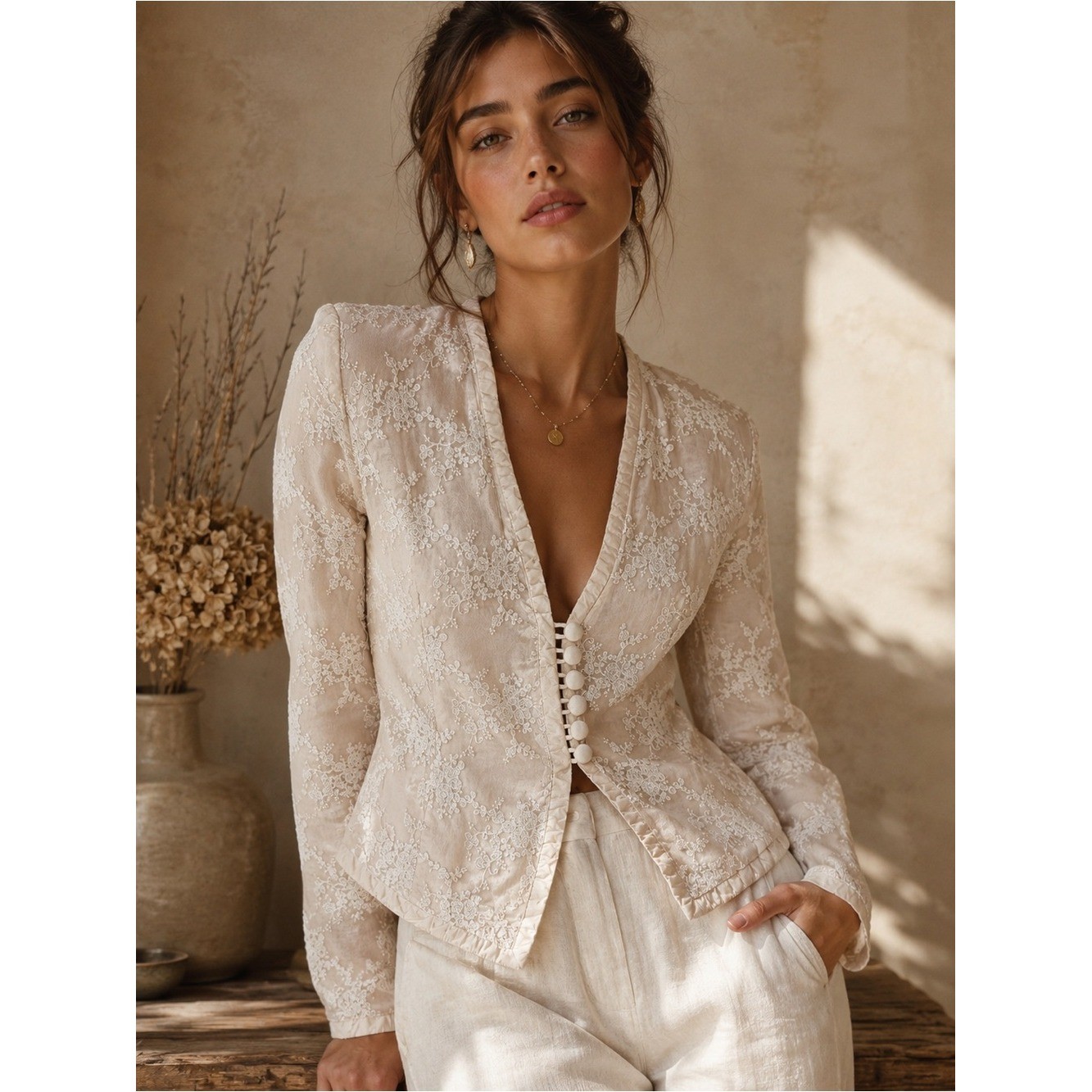 Vintage Angela Vickers Silk Lace Victorian Blouse Jacket XS/S Ivory Embroidered