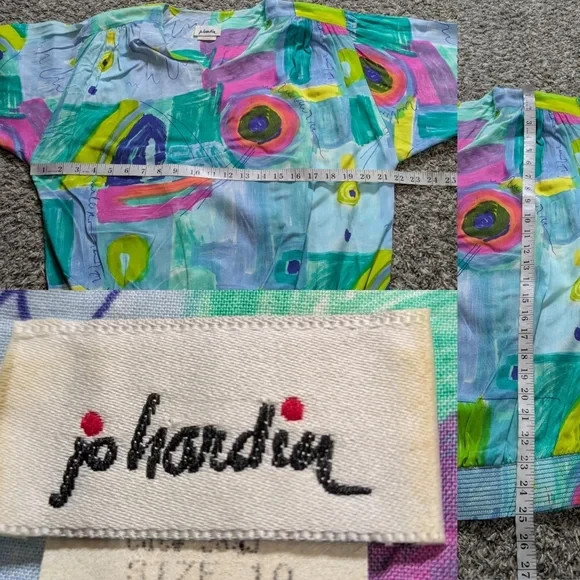 Vintage Jo Hardin Blue Green Pink Colorful Abstract Artsy Blouse 10