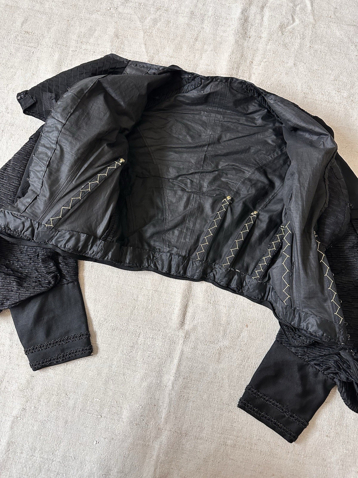 1870s Antique Blouse Jacket Black Silk Mourning Puff Sleeve Corset Top Womens XS