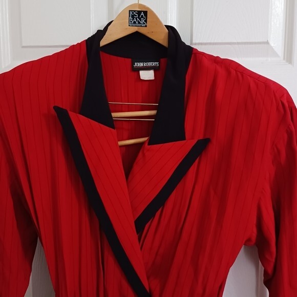 Vintage 1980’s Dress John Roberts Red Dress Med Pleated Pin Stripe Belt