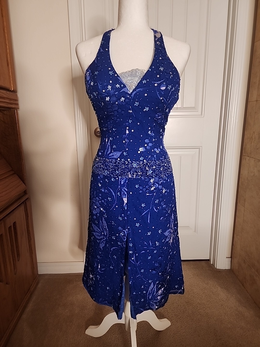 Costume Co Electric Blue Handmade Halter Dress Beaded & Sequins Broadway History