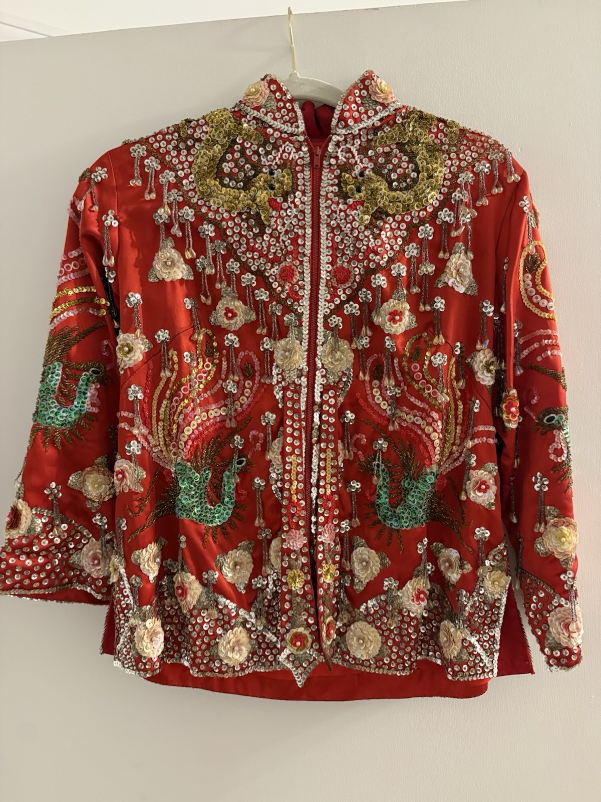 Vintage Beaded Silk Jacket Oriental Heavily Embellished Dragon & Peacock Sequin