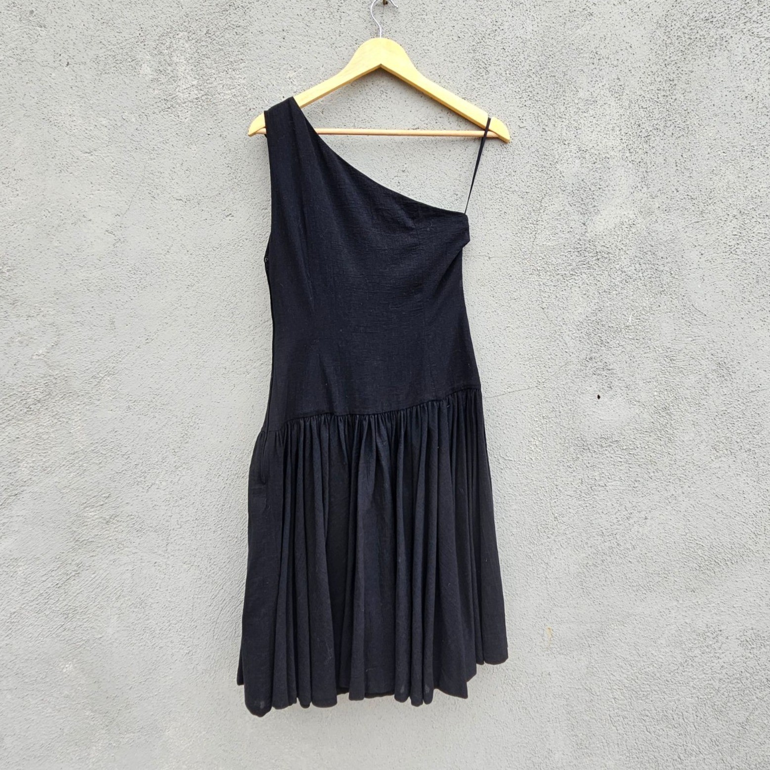 Vintage 80s Georges Rech Paris Black Cotton One Shoulder Dress Rosette Small