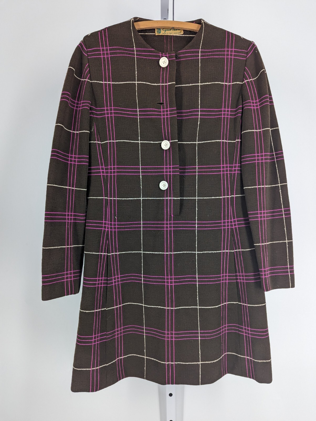 Gino Paoli Vintage 60s 70s Mod Pink Brown Plaid Knit Bodycon Dress Italy