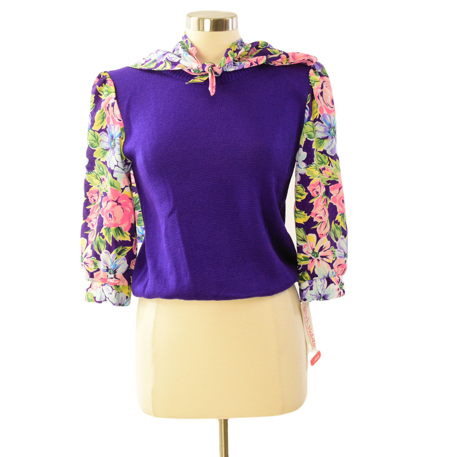 80s Spring Floral Top Work Habits Layered Sweater Scarf Multicolor Sleeves M
