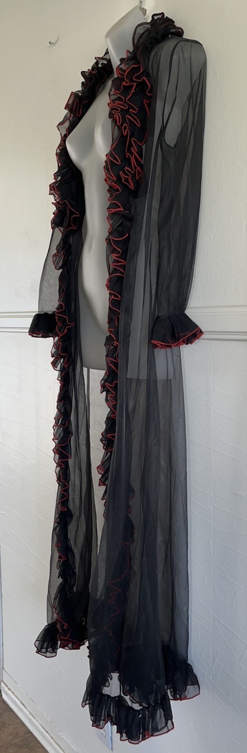 Vtg 1970s ‘80s SILVER ROSE 🌹 Sheer Nylon Black Red Ruffle Long Robe Lingerie